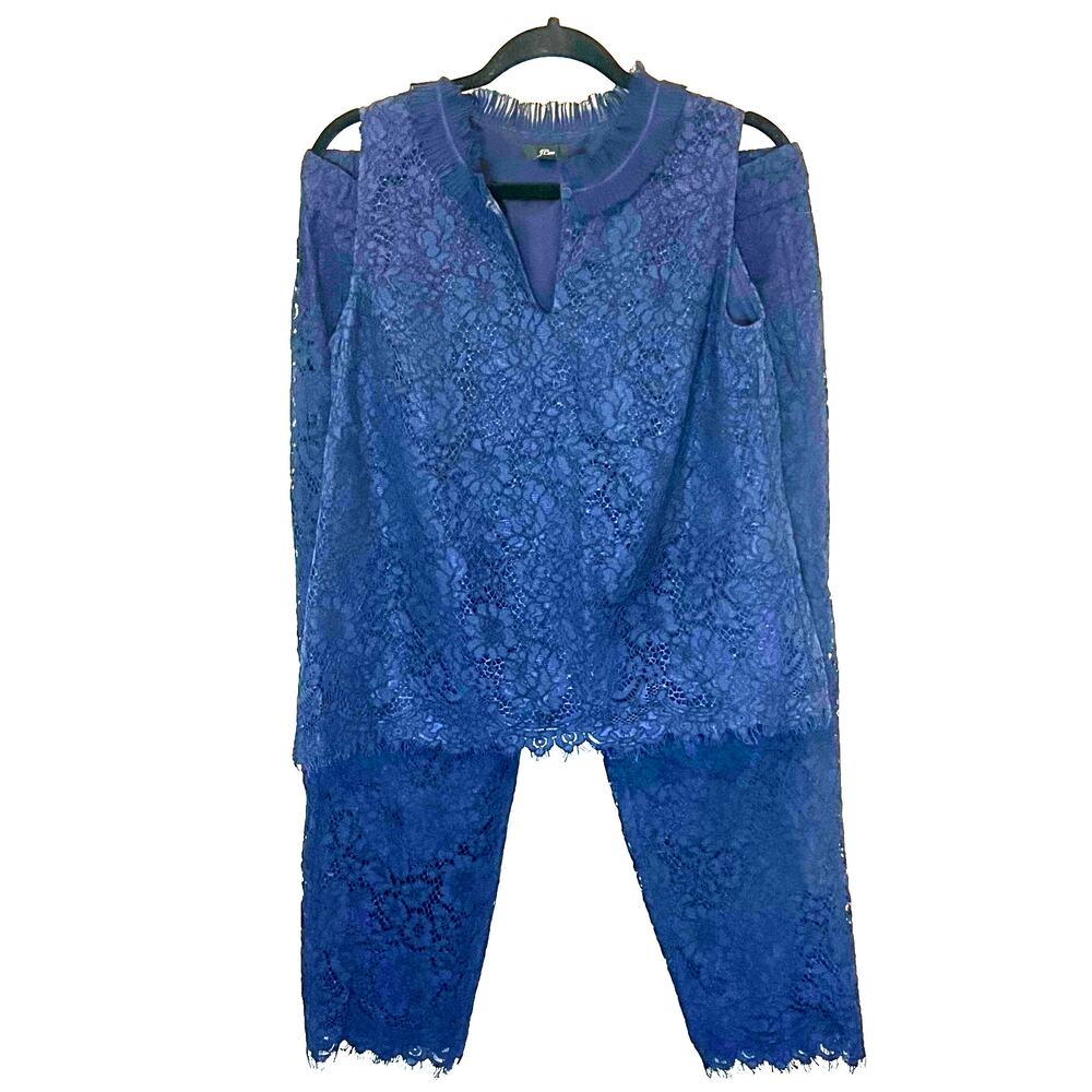 J Crew Lace Ruffle-Neck Top And Lace‎ Pant Set Dark Blue Womans Petite 8 M